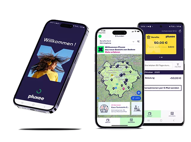 Smartphone mit der Pluxee App in drei verschiedenen Ansichten.