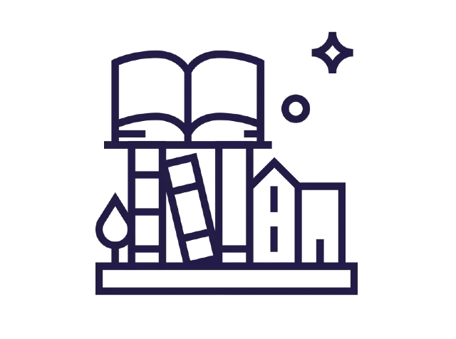 Illustration BildungsKarte mit Büchern und Bibliothek. 