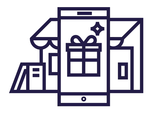 Pluxee Illustration Smartphone mit digitalen GeschenkgutscheinZahlungskarte mit Geschenk