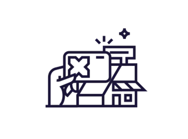 Stilisierte Liniengrafik: Eine Hand hält eine Pluxee-Karte mit einem X-Symbol vor einem Gebäude