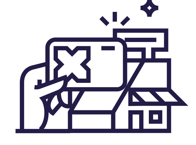 Linienzeichnung einer Person, die eine Pluxee Karte mit einem X darauf hält, vor mehreren stilisierten Gebäuden und Symbolen.