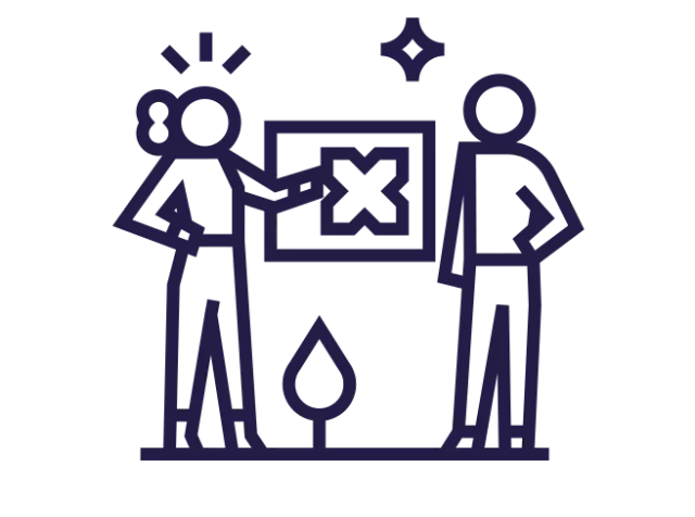 Linienzeichnung von zwei stehenden Personen vor einem Bild mit Pluxee X.