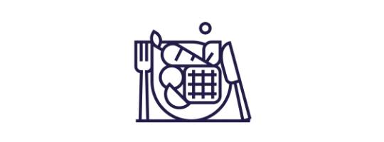Pluxee Restaurant Gutschein - Grafik eines gedeckten Tellers mit Besteck und Brot – steht für steuerfreie Essenszuschüsse und betriebliche Verpflegungslösungen