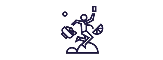 Linienillustration einer springenden Person, die eine Karte hält, umgeben von Lebensmittelsymbolen wie einer Lunchbox und einer Zitronenscheibe.