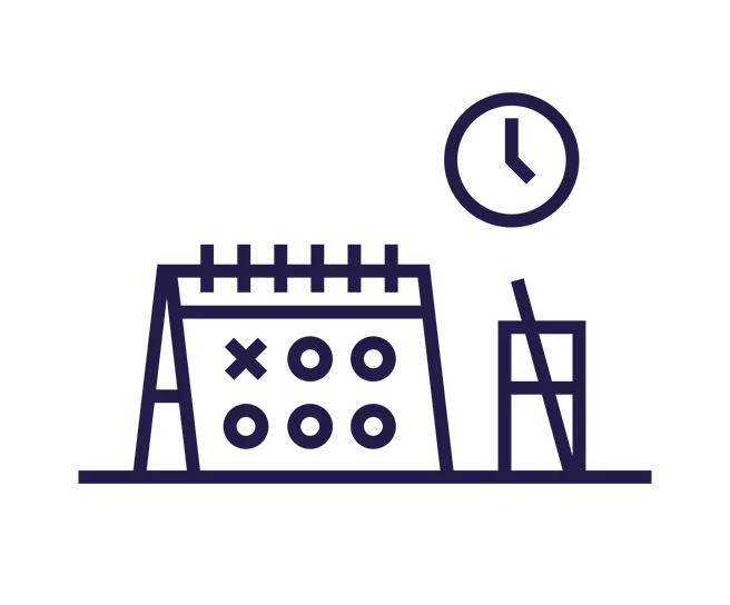 Schwarz-weiße Linienzeichnung eines aufgestellten Kalenders mit Kreuzen und Kreisen, daneben ein Glas mit Strohhalm und eine Uhr an der Wand