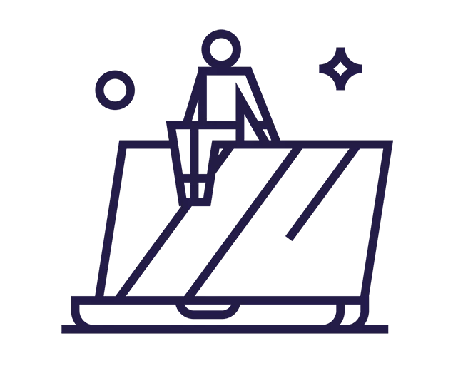 Linienzeichnung einer Person, die auf einem geöffneten Laptop sitzt