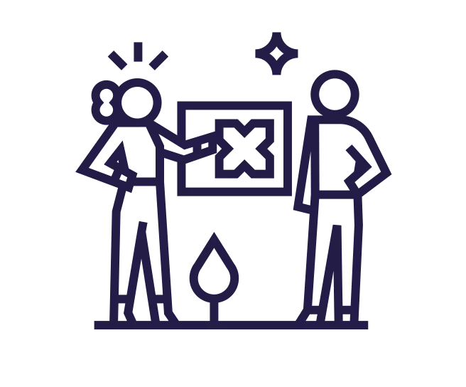 Linienzeichnung von zwei stehenden Personen vor einem Bild mit Pluxee X.